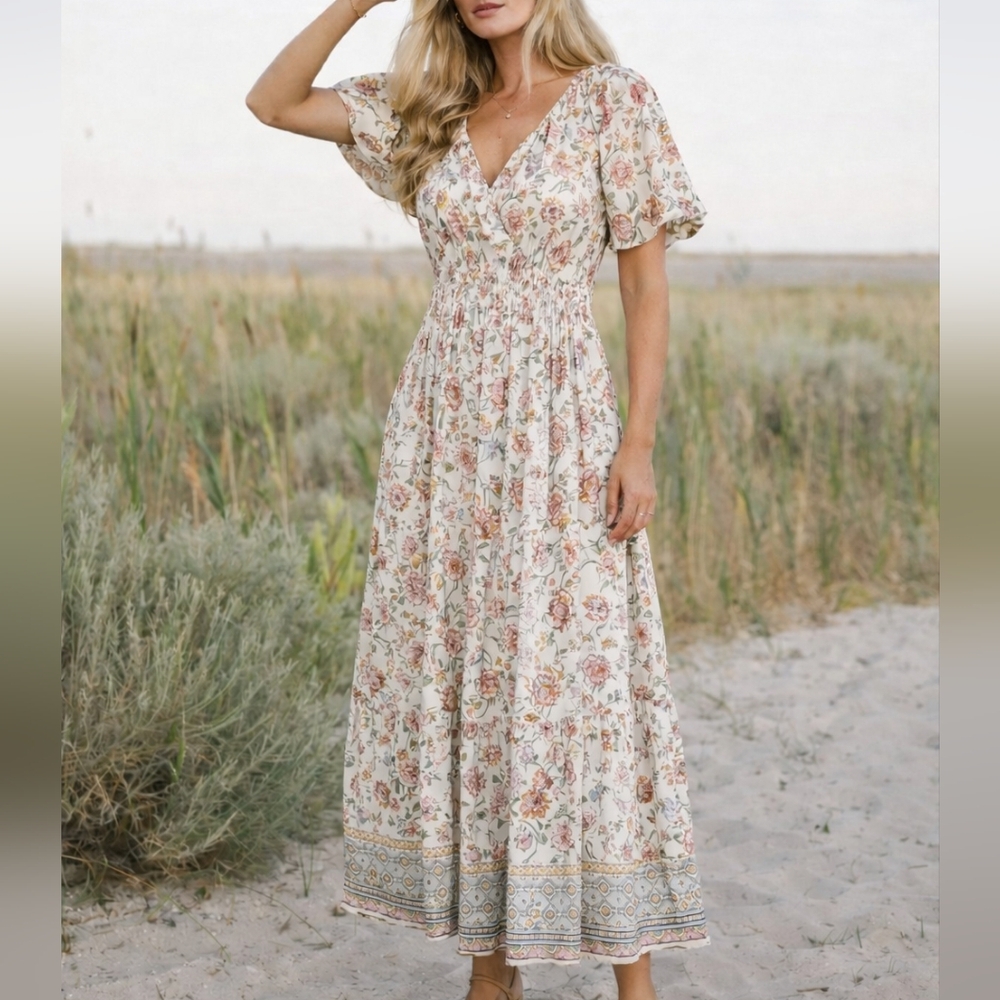 Bohme Pastel Floral Bohemian Surplice Neck Soft Maxi Dress